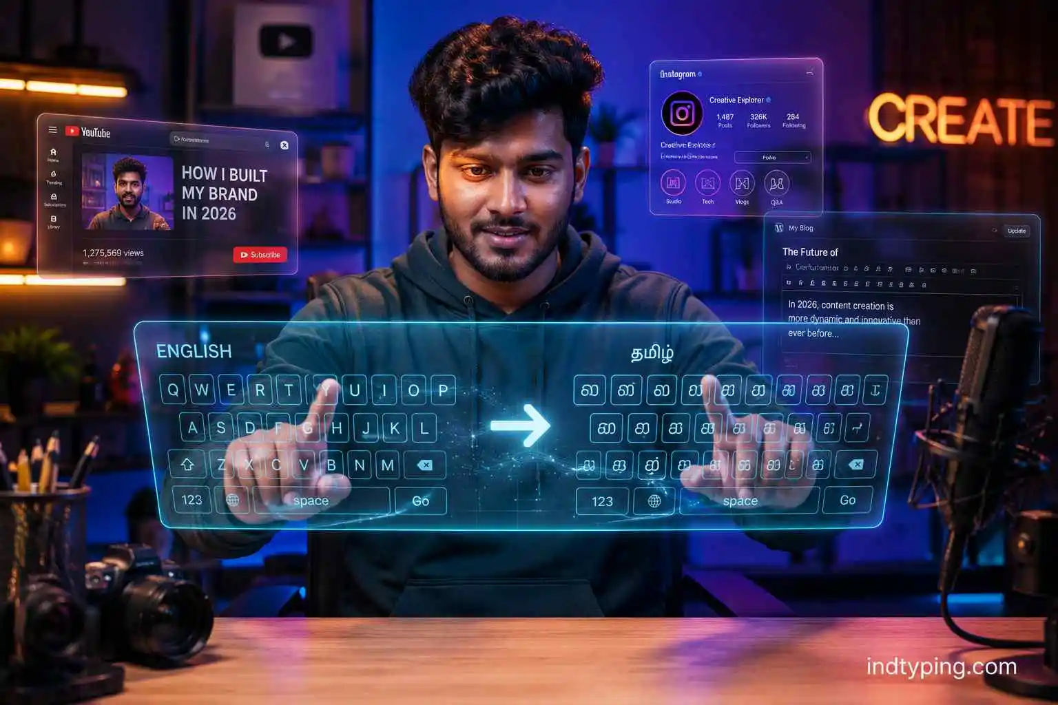 Content creator using futuristic free English to Tamil typing tools in 2026